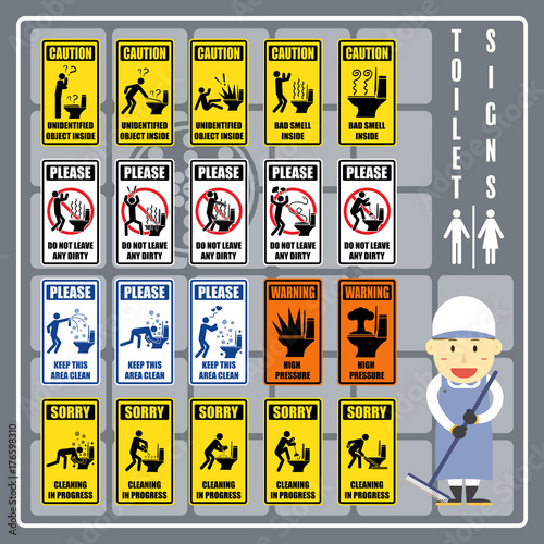 Set of signs and symbols of toilet caution, warning and instruction, Toilet labels in new design.