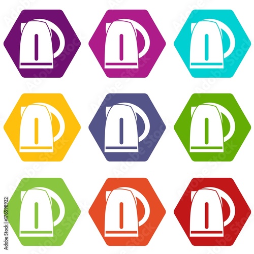 Electric kettle icon set color hexahedron