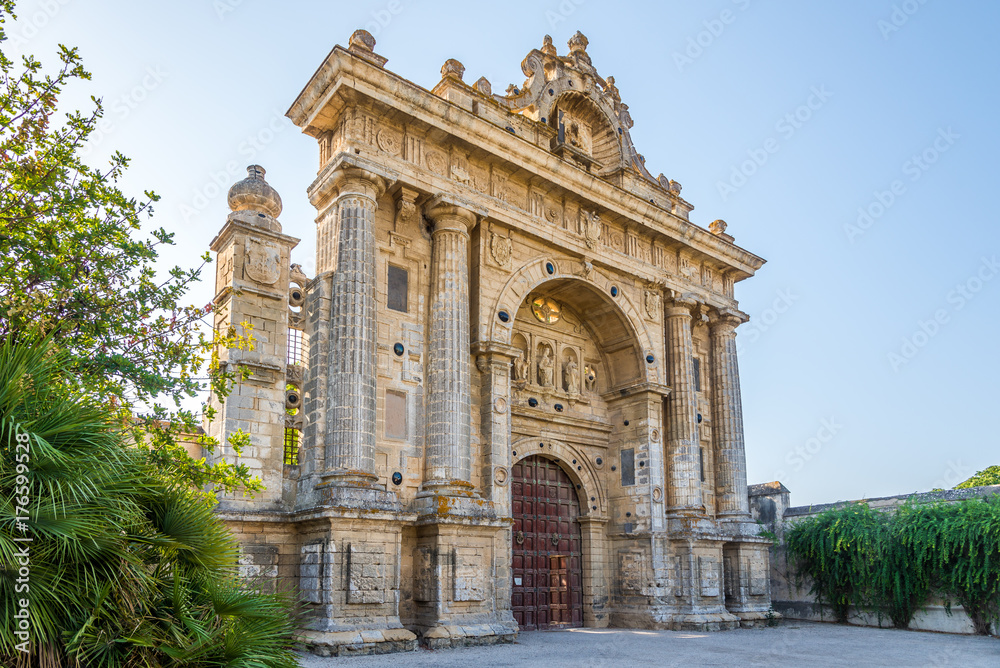 Entrance gate to charterhouse of Santa Maria de la Defension in Jerez de la Frontera, Spain