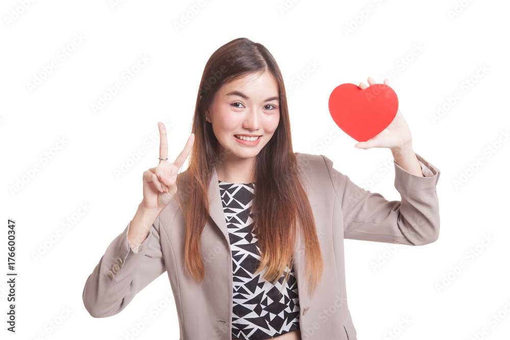 Asian business woman show victory sign with red heart. Asian business woman show victory sign with red heart.