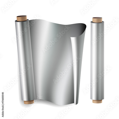 Metal Foil Paper Roll Vector. Close Up Top View. Opened And Closed. Realistic Illustration Isolated On White