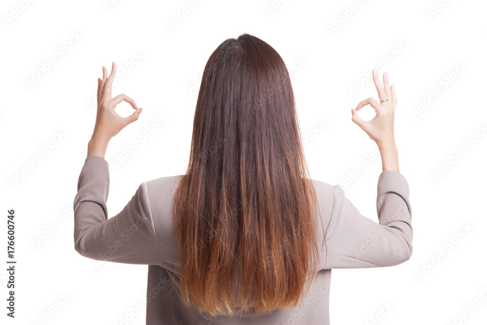 Back view of Asian woman show double OK hand sign. Back view of Asian woman show double OK hand sign.