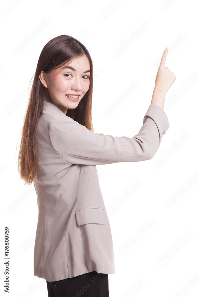 Back of Asian woman touching the screen with her finger. Back of Asian woman touching the screen with her finger.