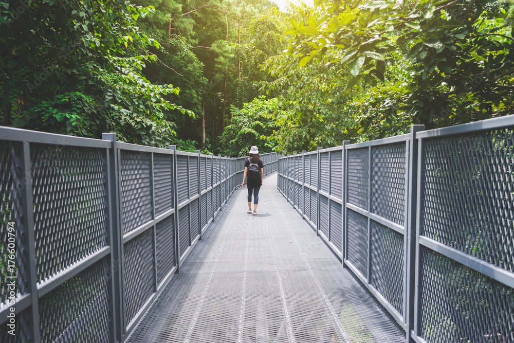 View of young woman walking on sky walk and enjoy at Chiangmai Mountain, Thailand. View of young woman walking on sky walk and enjoy at Chiangmai Mountain, Thailand.