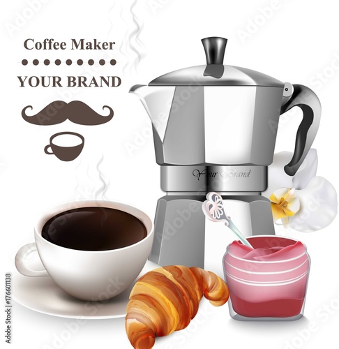Coffee and croissant realistic Vector. Coffee kettle and fresh bakery goods. ...