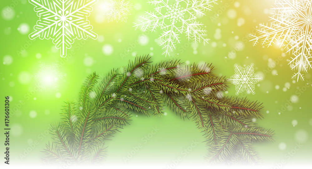 Christmas background with snowflakes and Christmas wreath, - obrazy, fototapety, plakaty 