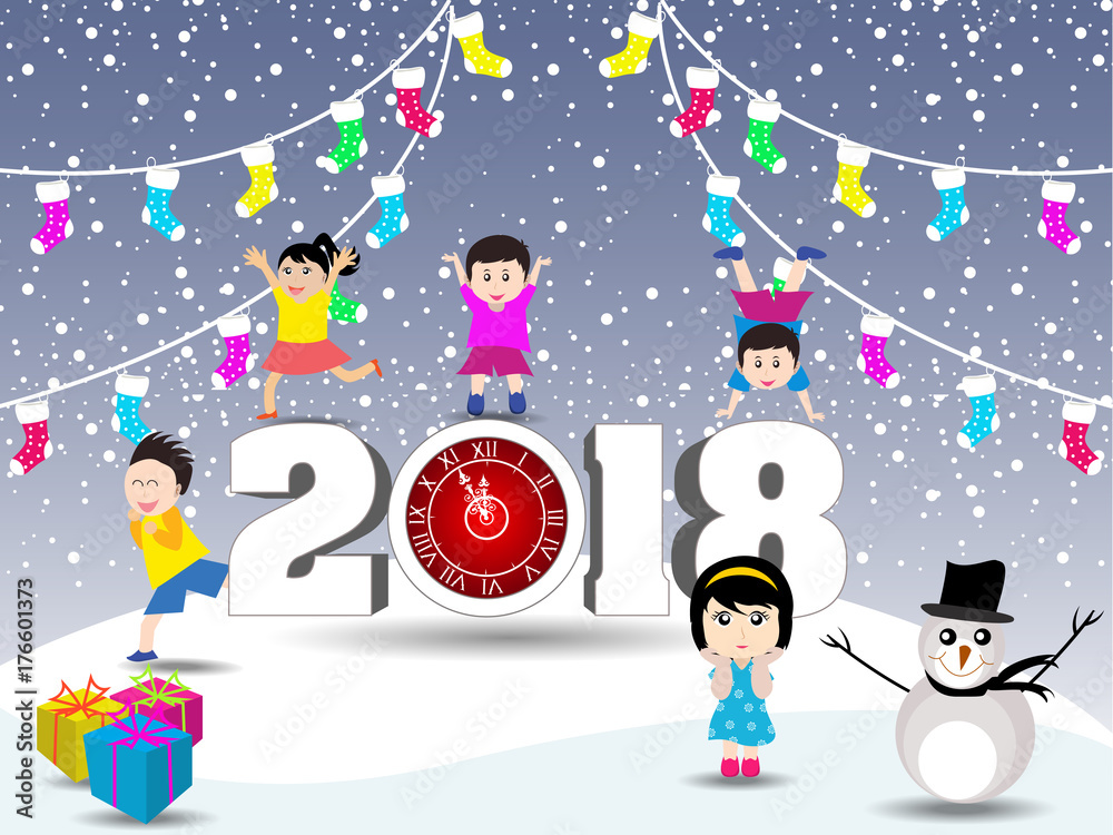 Naklejka premium Postcard Happy New Year 2018 and merry christmas with funny kids