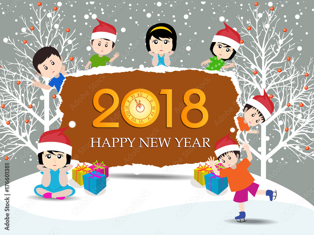 Fototapeta premium Postcard Happy New Year 2018 and merry christmas with funny kids