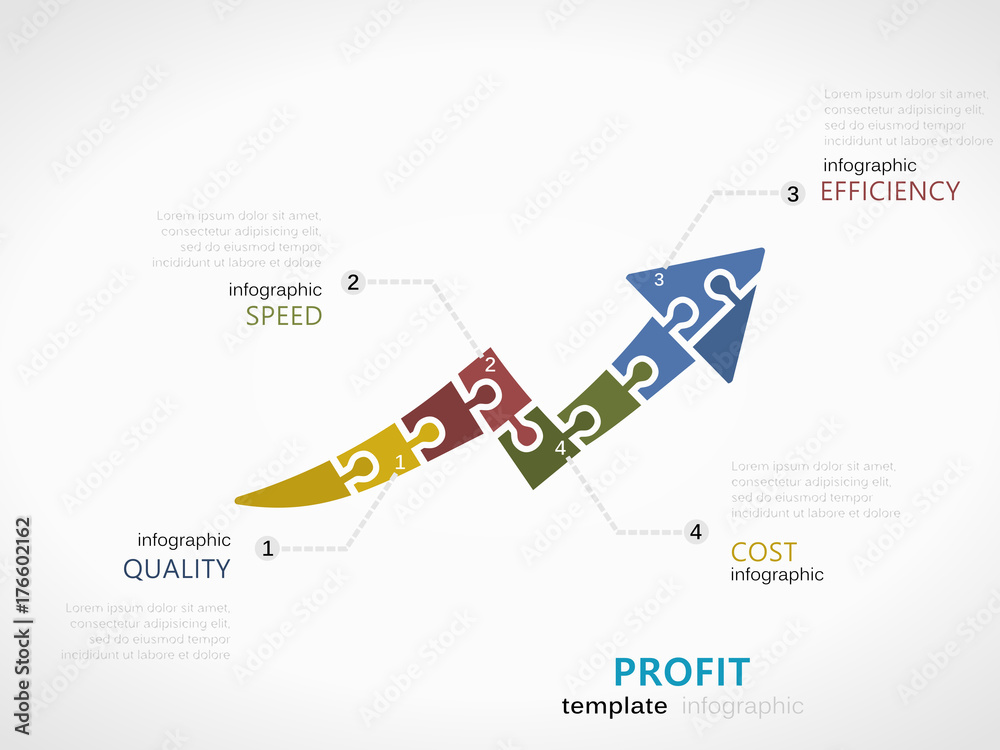 Profit infographic template with arrow graph symbol made out of jigsaw pieces Profit infographic template with arrow graph symbol made out of jigsaw pieces
