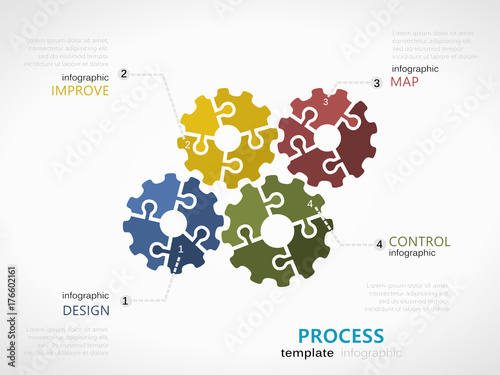 Process infographic template with gear symbol model made out of jigsaw pieces