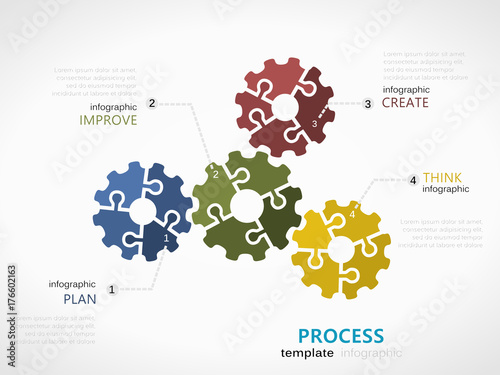Process infographic template with gear symbol model made out of jigsaw pieces