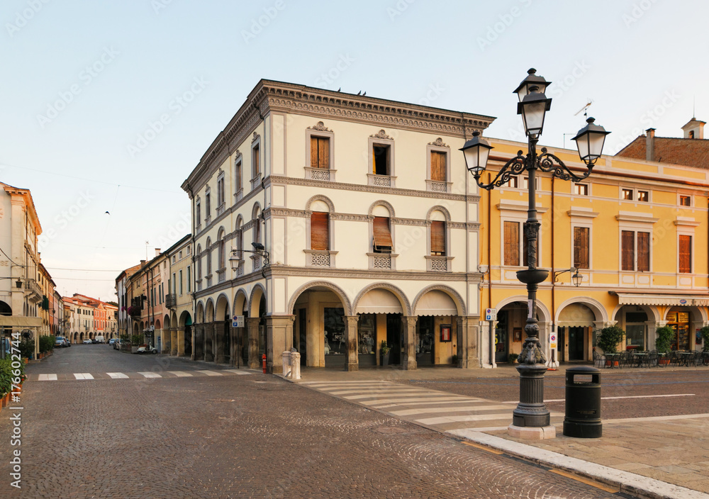 Montagnana, Italy - August 6, 2017: architecture of the quiet streets of the old city in the early morning.