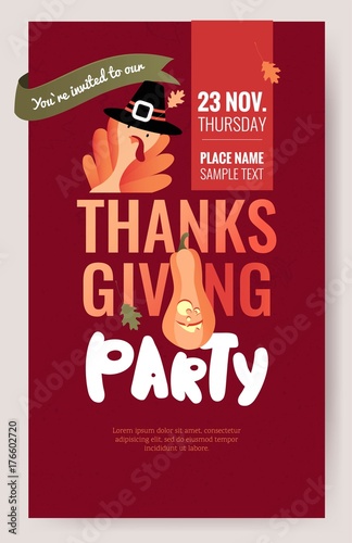 Invitation poster for thanksgiving dinner or party.  Cute template with turkey and pumpkin. Vector illustration