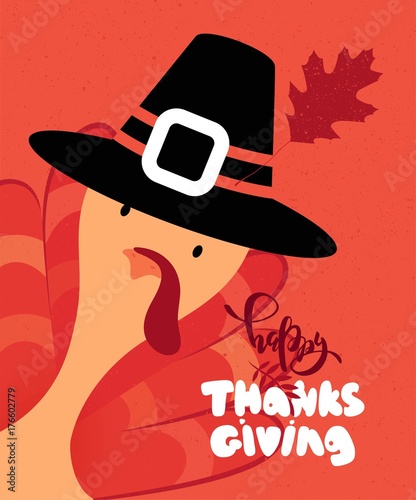 Happy Thanksgiving cartoon poster. Thanksgiving autumn background with leaves, hand lettering and cute turkey. Vector illustration.
