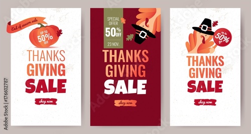 Set of Thanksgiving sale cartoon posters. Thanksgiving autumn background with leaves, pumpkin and cute turkey. Vector illustration.