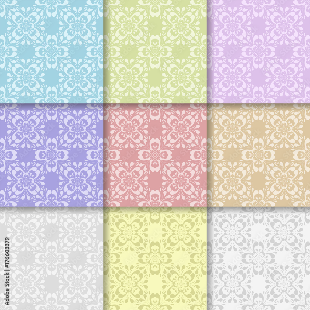 Wallpaper multi colored set of seamless patterns with floral ornaments Wallpaper multi colored set of seamless patterns with floral ornaments