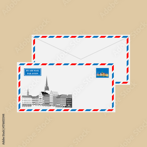 Air mail envelope with stamps, postmarks and Gamla Stan. Stockholm, Sweden. Vector illustration