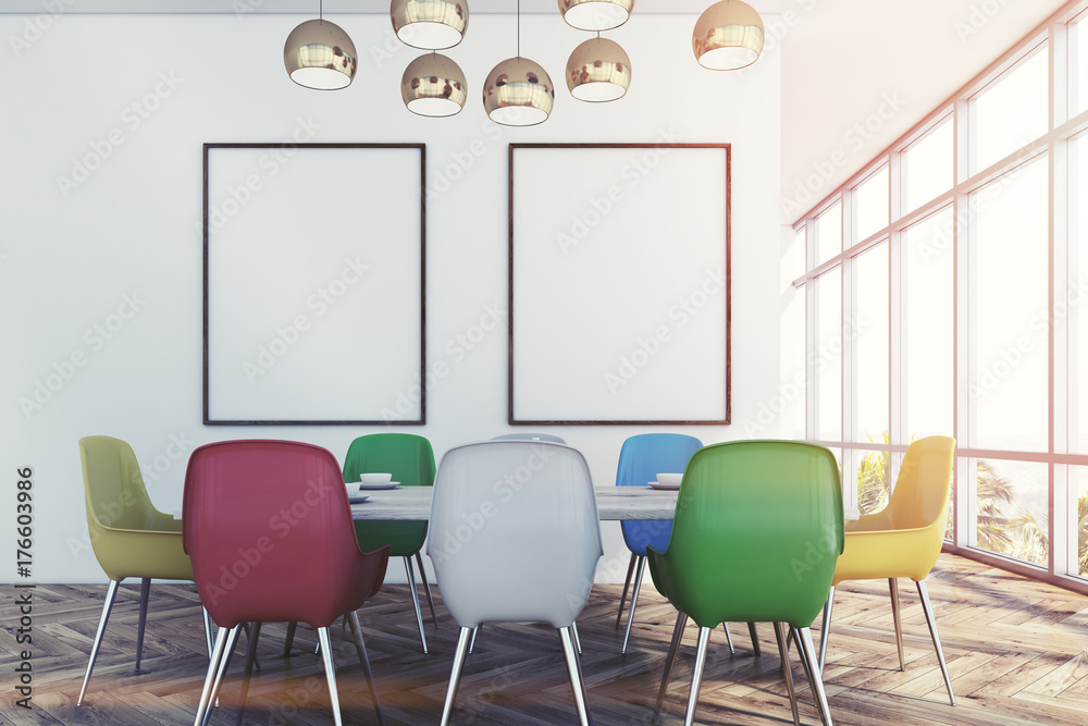 Obraz premium Dining room with colorful chairs two posters toned