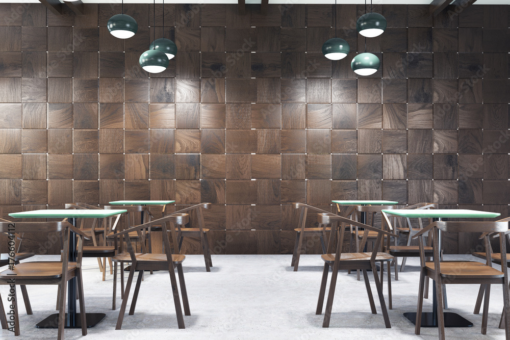 Wooden cafe interior, tables and chairs Wooden cafe interior, tables and chairs