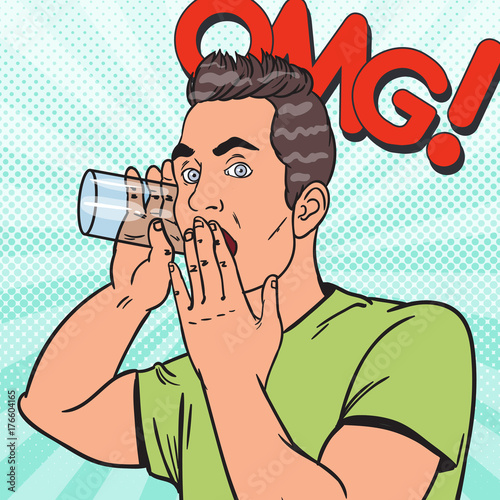 Pop Art Man Overhears Secret Conversation with Glass. Spy Eavesdrops. Vector illustration