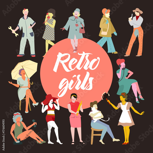 Retro Elegant Women Collection. Vintage Style Facless Ladies Set. Beautiful Girls Poster Design. Vector illustration