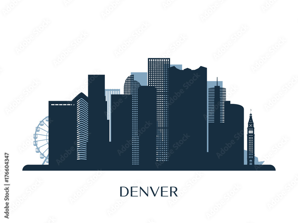 Denver skyline, monochrome silhouette. Vector illustration.