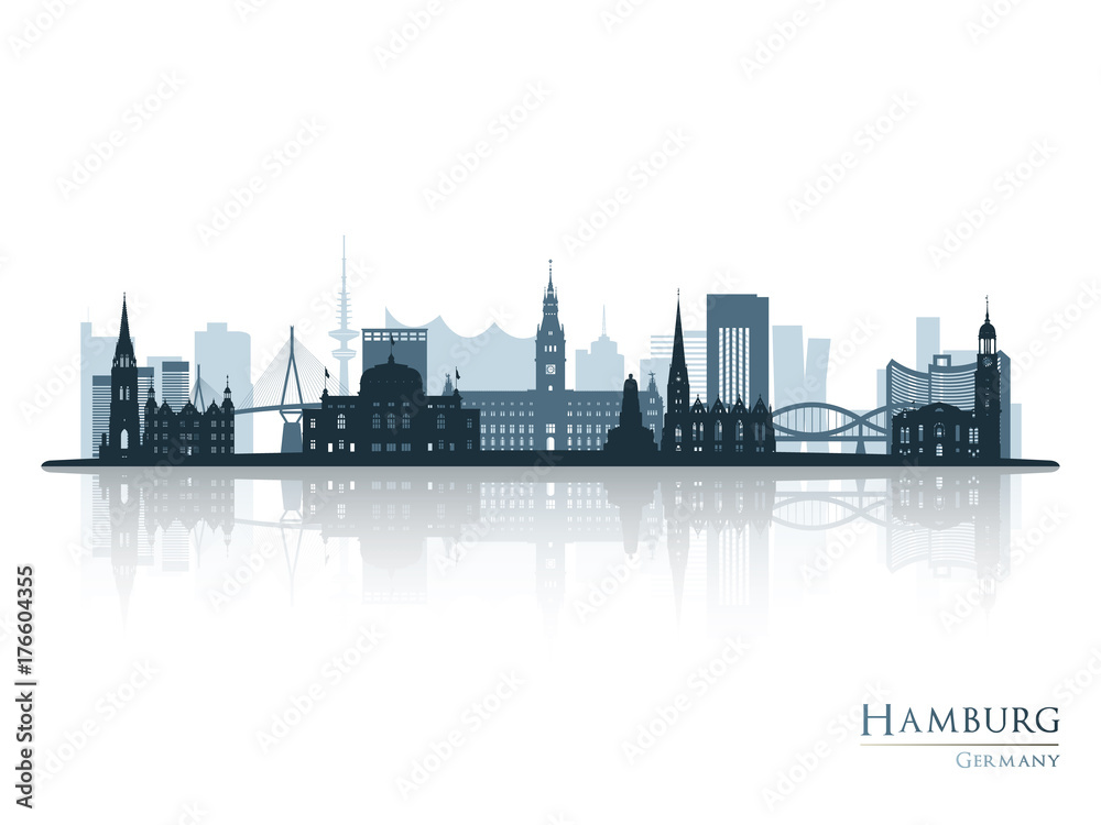 Hamburg skyline silhouette with reflection. Vector illustration.