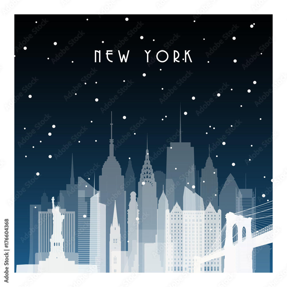 Winter night in New York. Night city in flat style for banner, poster, illustration, game, background.