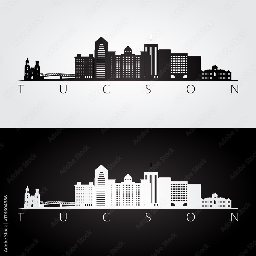 Tucson usa skyline and landmarks silhouette, black and white design, vector illustration.