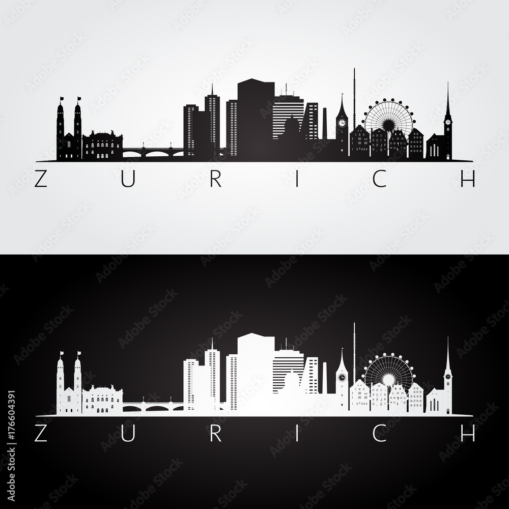 Zurich skyline and landmarks silhouette, black and white design, vector illustration.