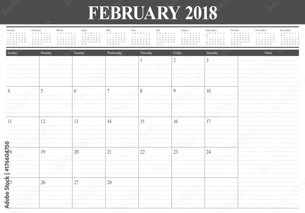 February 2018 calendar planner vector illustration February 2018 calendar planner vector illustration