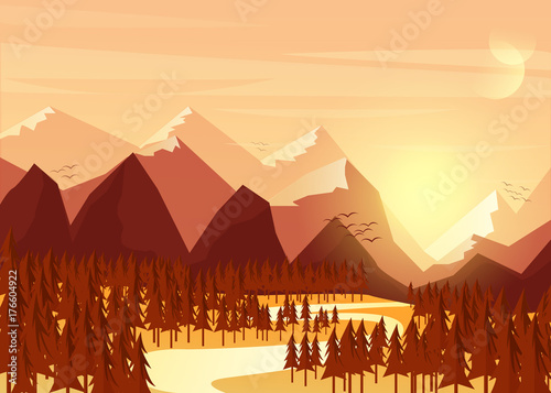 Vector Sunset mountain landscape with river. Vector flat illustration.