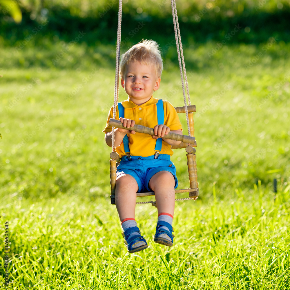 Rural scene with toddler boy swinging outdoors. Rural scene with toddler boy swinging outdoors.