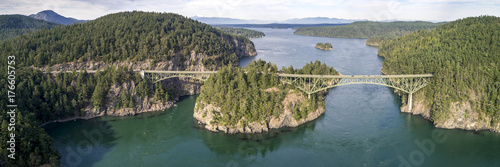 Aerial Panorama of Deception Pass Bridge in Washington State photo