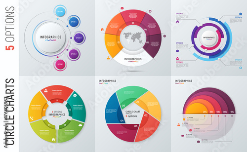 Collection of vector circle chart infographic templates for presentations, advertising, layouts, annual reports. 5 options, steps, parts.