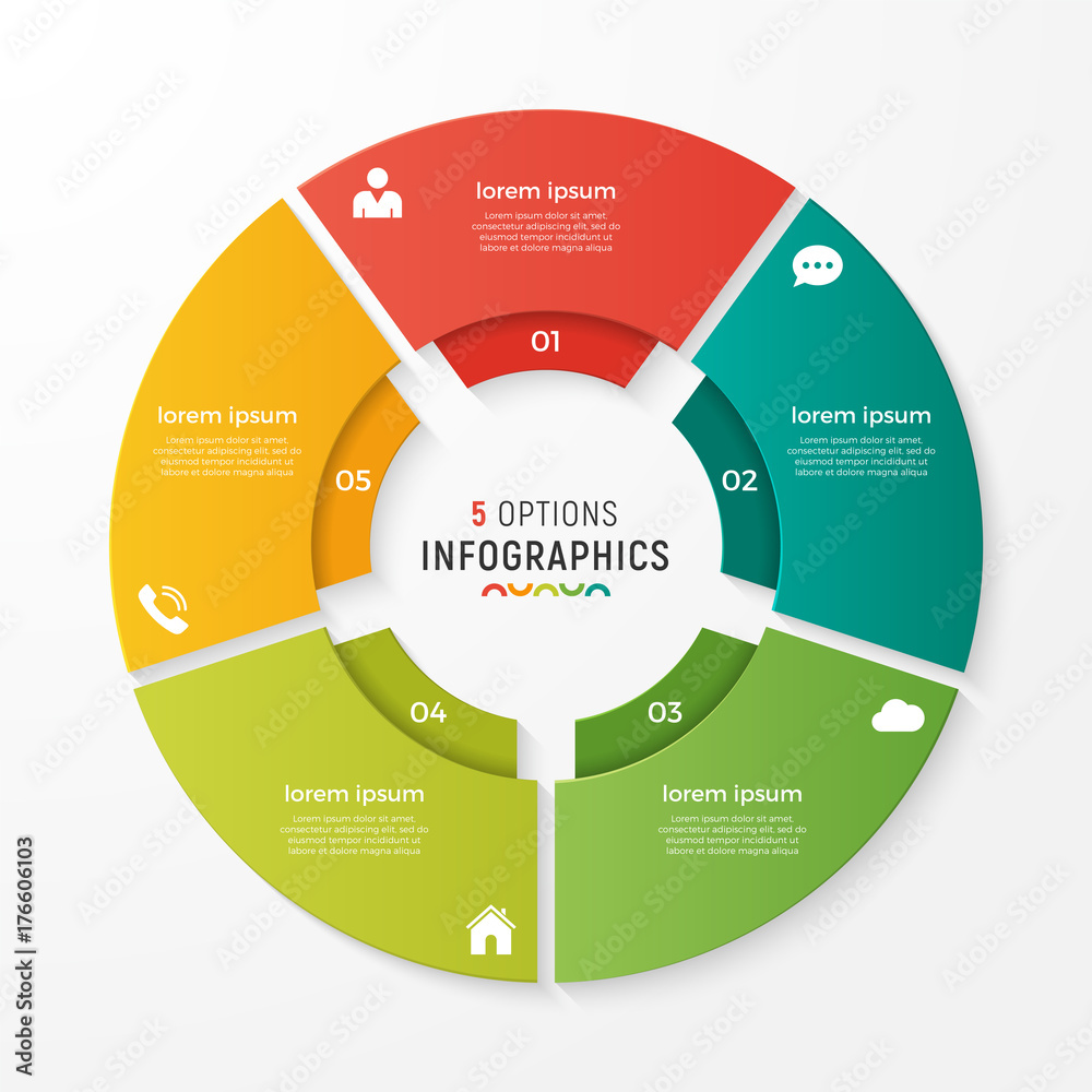 Vector circle chart infographic template for presentations, advertising, layouts, annual reports. 5 options, steps, parts. Vector circle chart infographic template for presentations, advertising, layouts, annual reports. 5 options, steps, parts.
