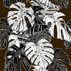 Handdoek met foto Bruin patronen Monstera bladeren tropisch lijntekening patroon  © tuleedin
