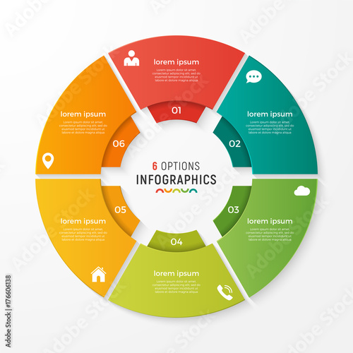 Vector circle chart infographic template for presentations, advertising, layouts, annual reports. 6 options, steps, parts.