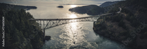 Stylized Fisheye Panorama of Deception Pass Bridge at Golden Hour photo