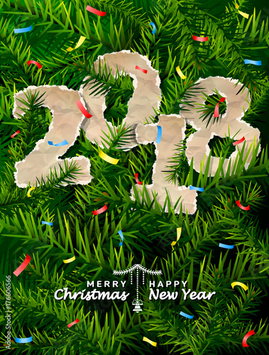 New Year 2018 of crumpled paper between pine twigs. Paper year numbers is strewn with confetti on christmas tree. Vector image for new years day, christmas, winter holiday, new years eve, silvester