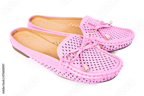 Women pink flats slip-on with small ribbon shoes isolated on white background