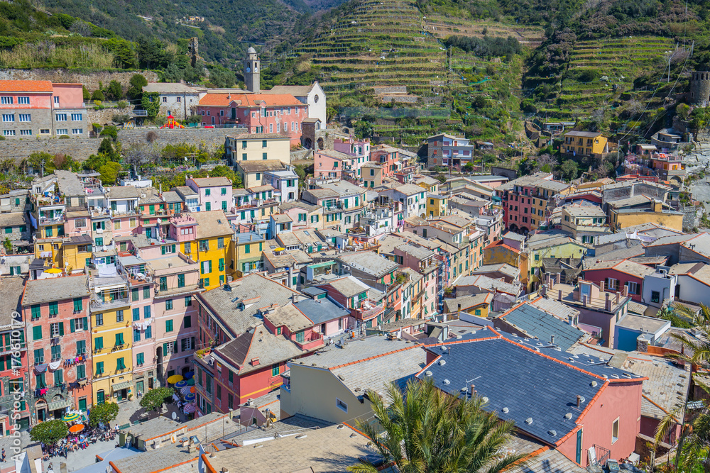 Ariel view of Vernazza one of Cinque Terre in Italy.