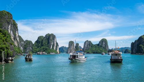 Tourist ferry boat in Halong Bay, the  Unesco world heritage site in Vietnem. photo