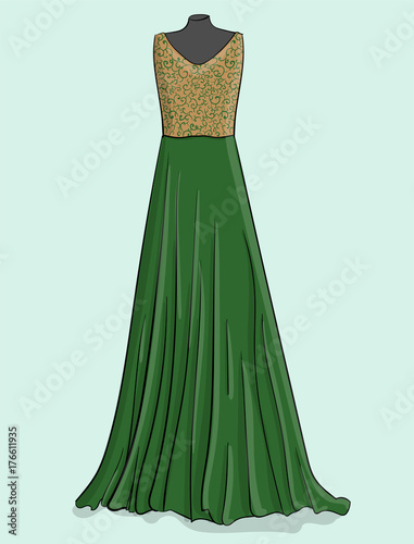 Beige and green long dress with green lace on the corset eps 10 illustration
