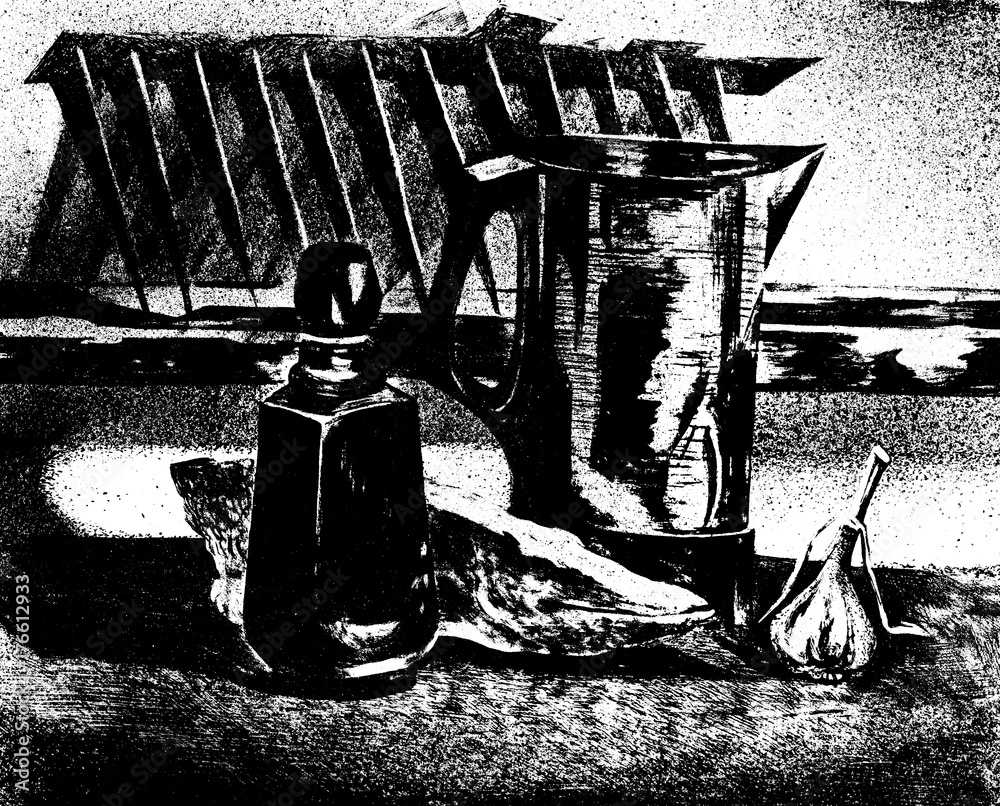 Fototapeta premium Still life with fish and a kettle.
