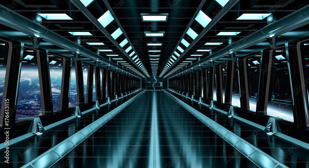 Spaceship corridor with view on the planet Earth 3D rendering elements of this image furnished by NASA Spaceship corridor with view on the planet Earth 3D rendering elements of this image furnished by NASA