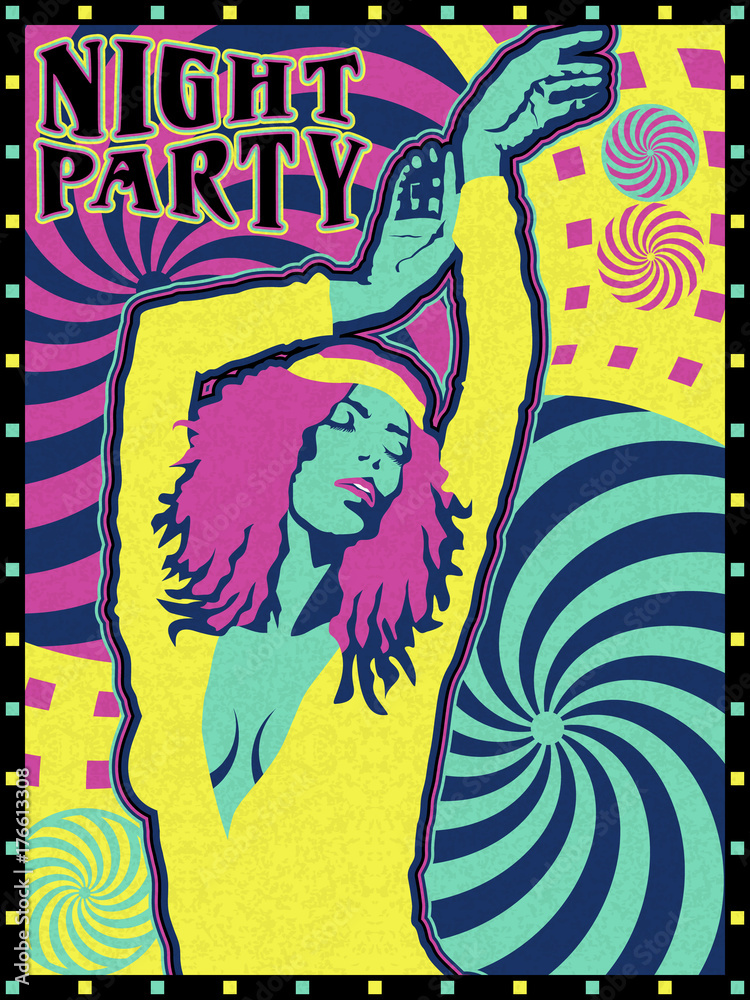 Night party poster design. Handmade drawing vector illustration. Vintage style. Pop art with psychedelic elements.