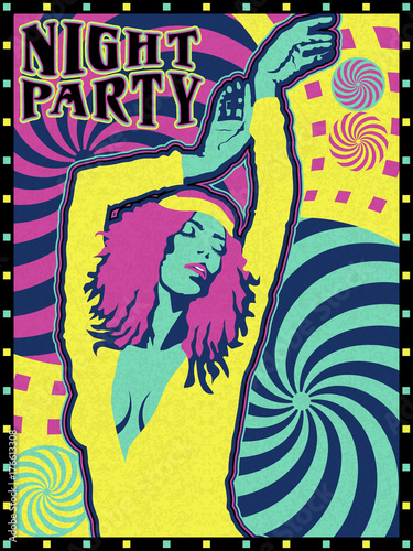 Night party poster design. Handmade drawing vector illustration. Vintage style. Pop art with psychedelic elements.
