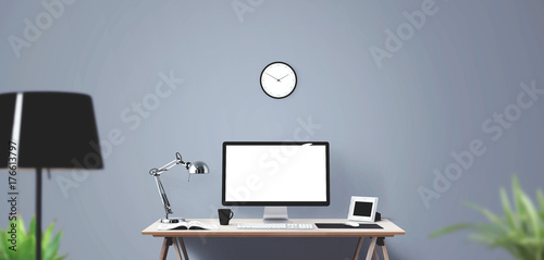 Computer display and office tools on desk. Desktop computer screen isolated. Modern creative workspace background. Front view