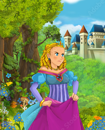 Cartoon scene of beautiful princess in the forest near castle in the background - illustration for children